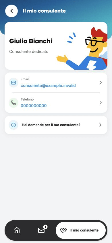 Schermata dell'app con nome, email e telefono del consulente dedicato, con dati dimostrativi