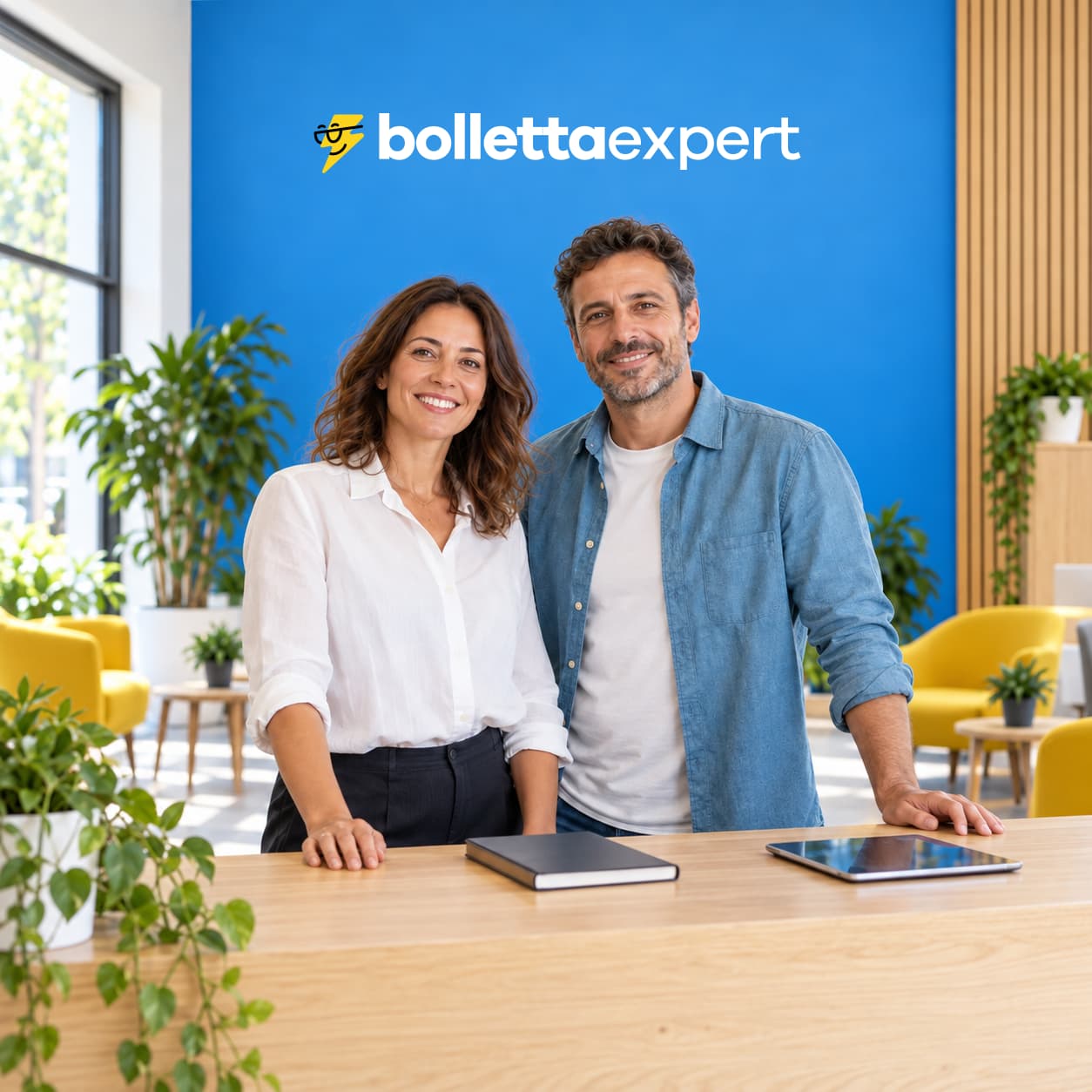 Due professionisti al banco di un negozio di consulenza energetica