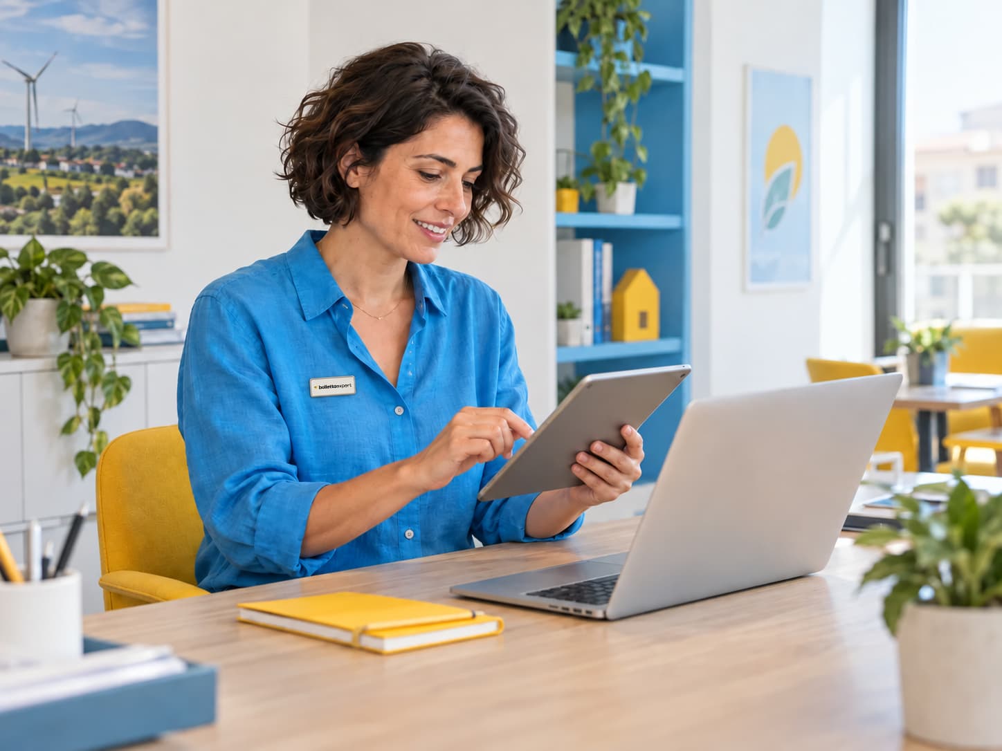 Una consulente al lavoro con tablet e portatile in negozio